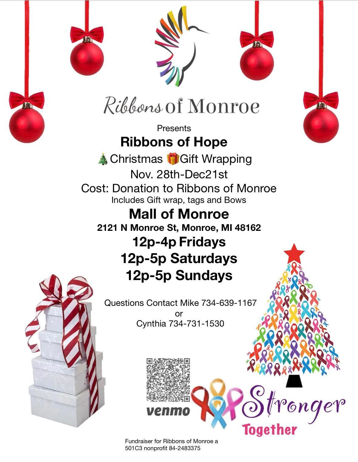 Flyer for Ribbons of Monroe's 'Ribbons of Hope' Christmas Gift Wrapping fundraiser at the Mall of Monroe. Event runs Nov 28th to Dec 21st, 2025.